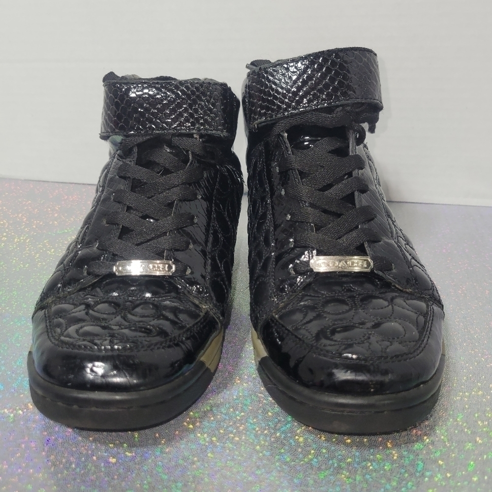 Y2k Coach Nanette High Top Sneakers Cs Monogram Black Patent Leather sz:8 - Picture 3 of 9